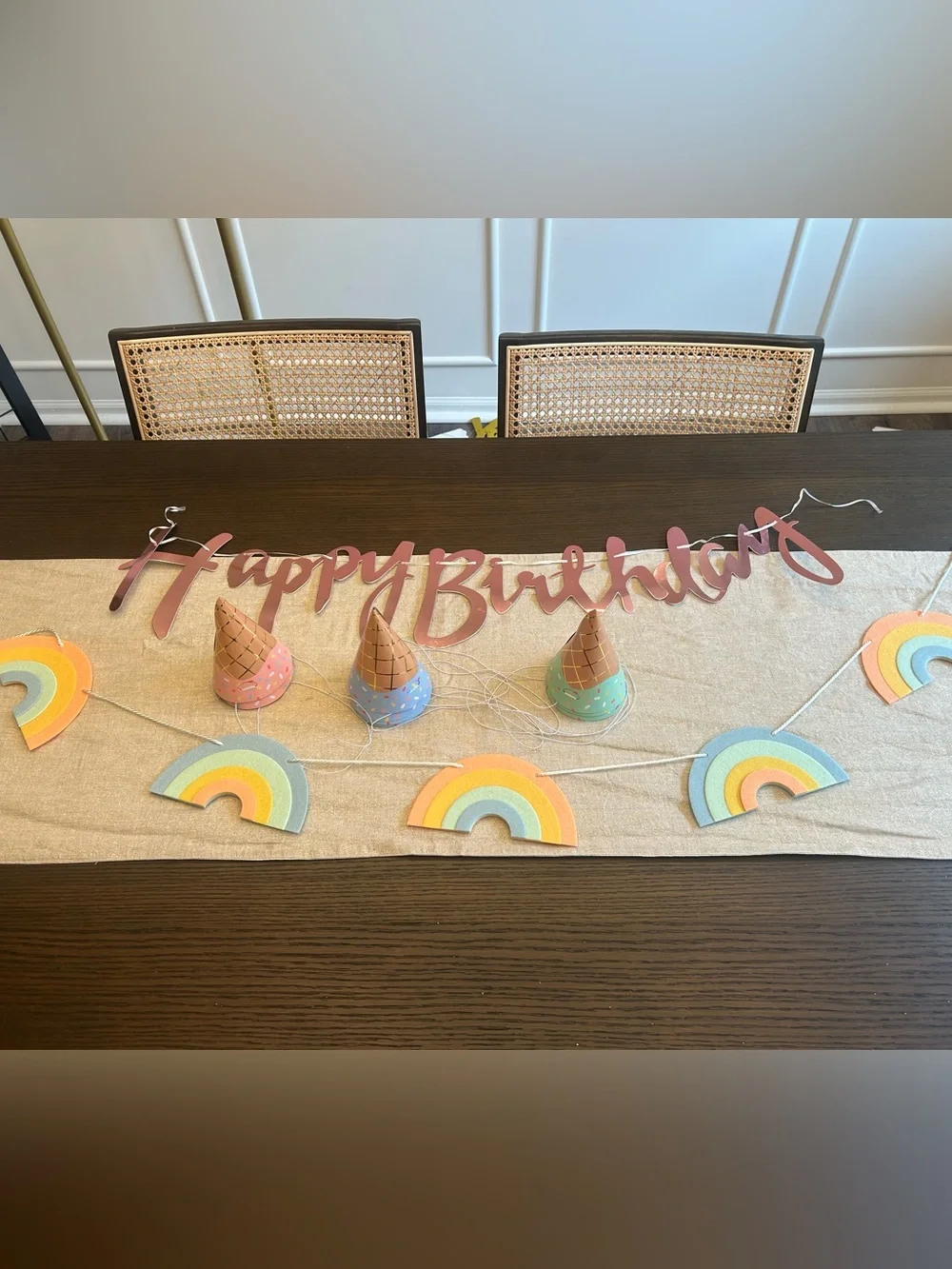 Pastel Birthday Party Decor Bundle – Rainbow Garland, Ice Cream Party Hats,
